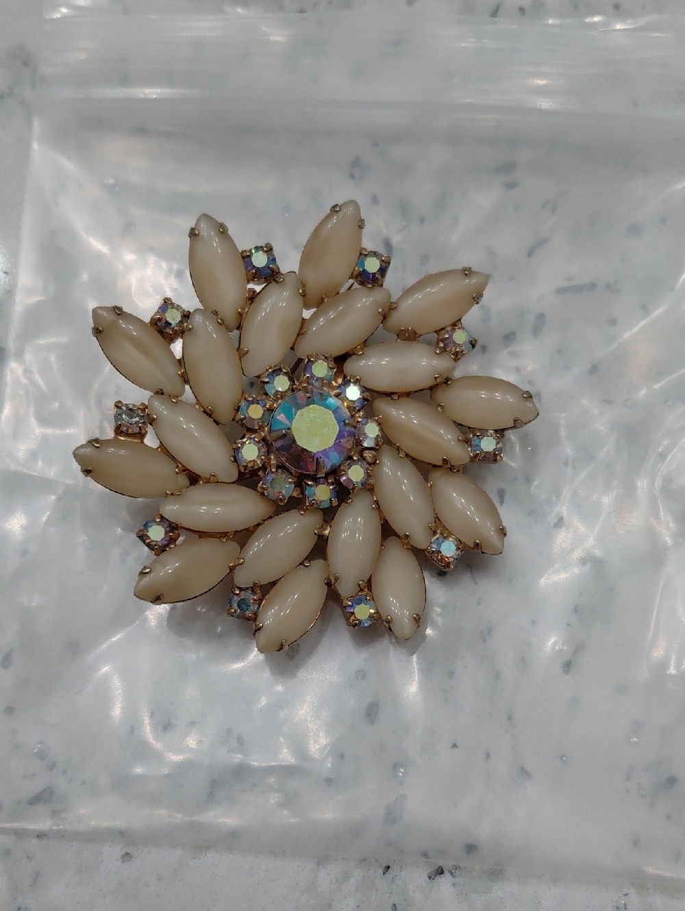 Vintage-Inspired Cream and Aurora Crystal Flower Brooch